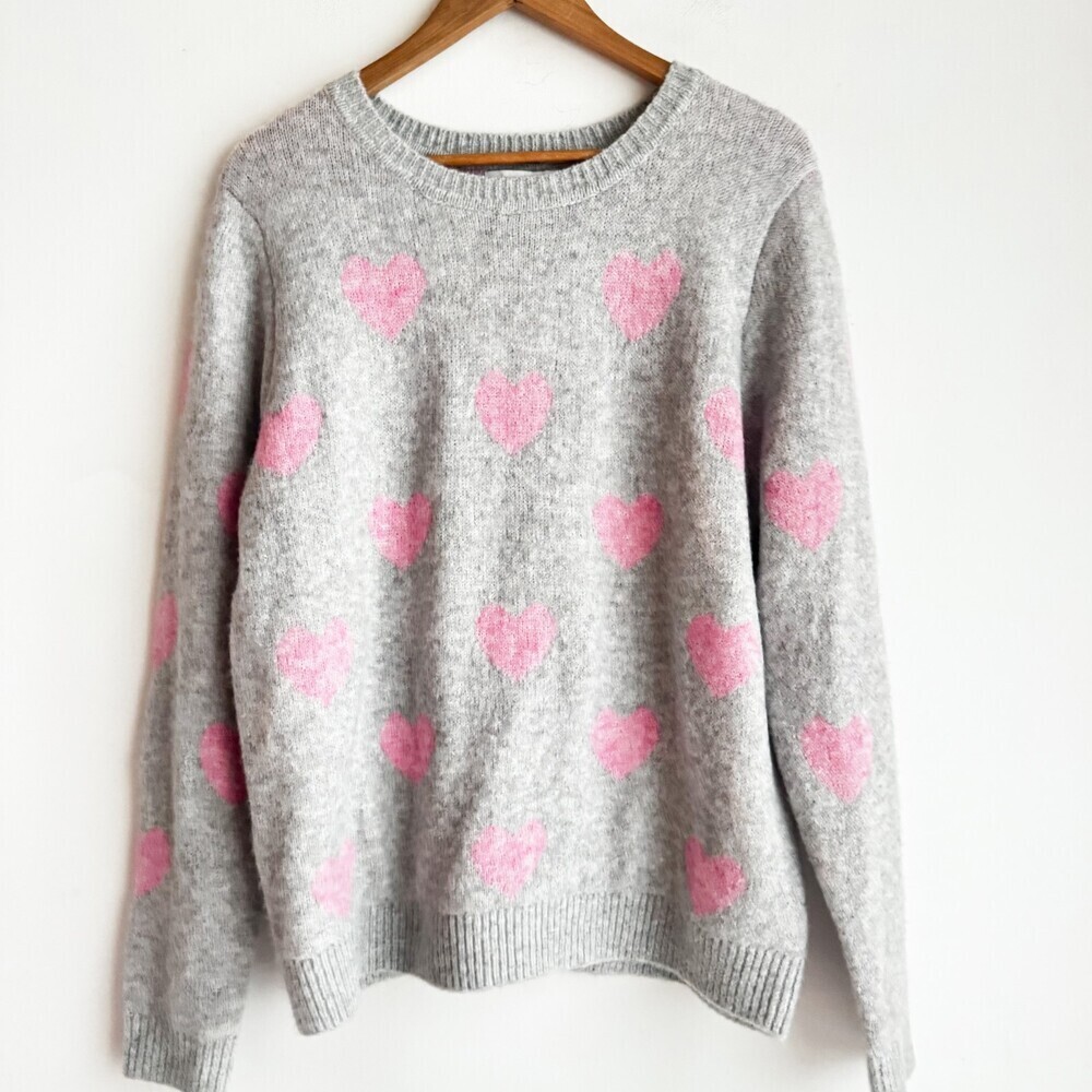 Cupcakes and Cashmere Grey Pink Hearts Super Soft Sweater L
